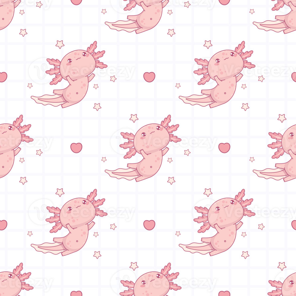 Seamless pattern with cute pink Axolotl on checkered background png