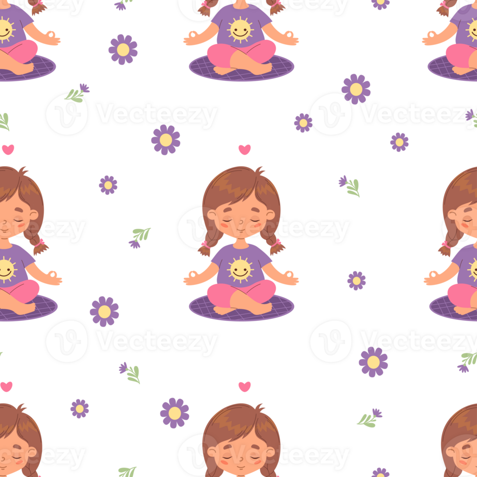 Seamless pattern with girl child with braids hairstyle meditating png