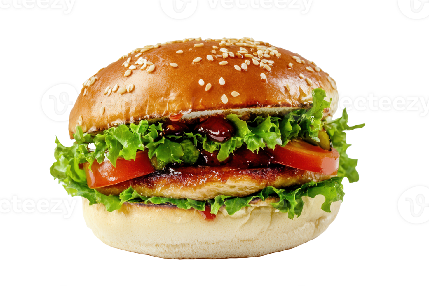 A hamburger with lettuce, tomato and cheese on a bun png