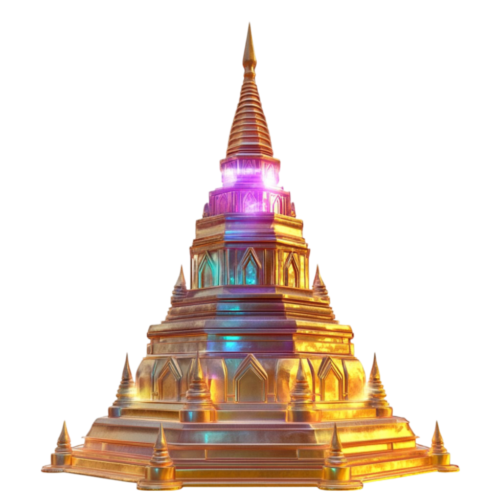 a golden pagoda with a rainbow light on top png