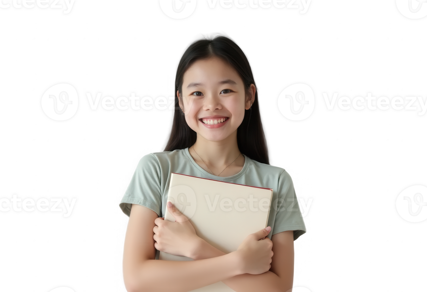 Smiling Asian Student Holding a Notebook Isolated on Transparent Background png