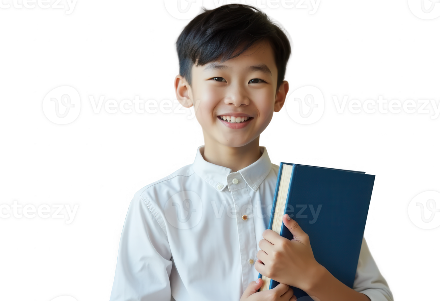 Smiling asian boy holding a book in white shirt, isolated on transparent background. png