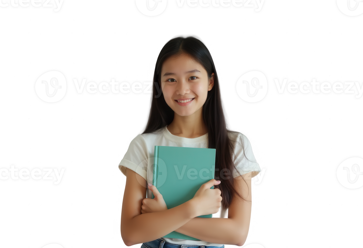 Young asian girl in white t-shirt holding a green book while smiling. Studio portrait on transparent background. Education and learning concept. png