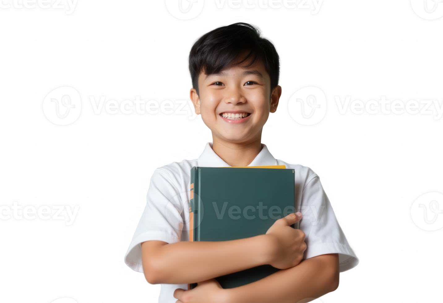 Cheerful young asian boy in white shirt holding books, smiling confidently, isolated on transparent background. png