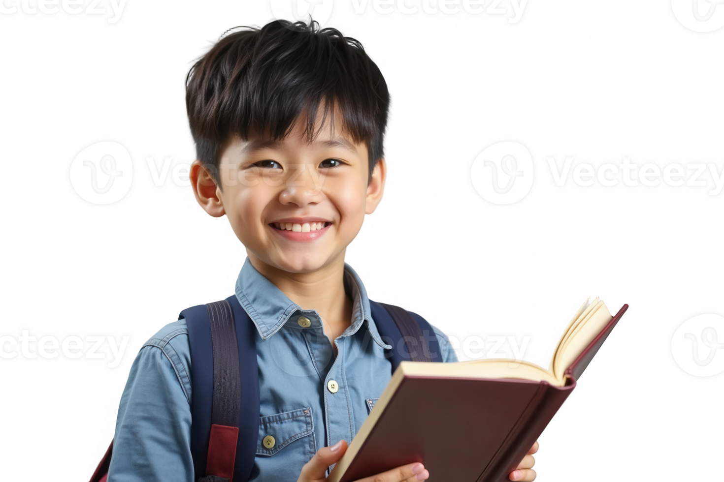 Smiling asian boy with backpack holding an open book, isolated on transparent background. Education and back-to-school concept png