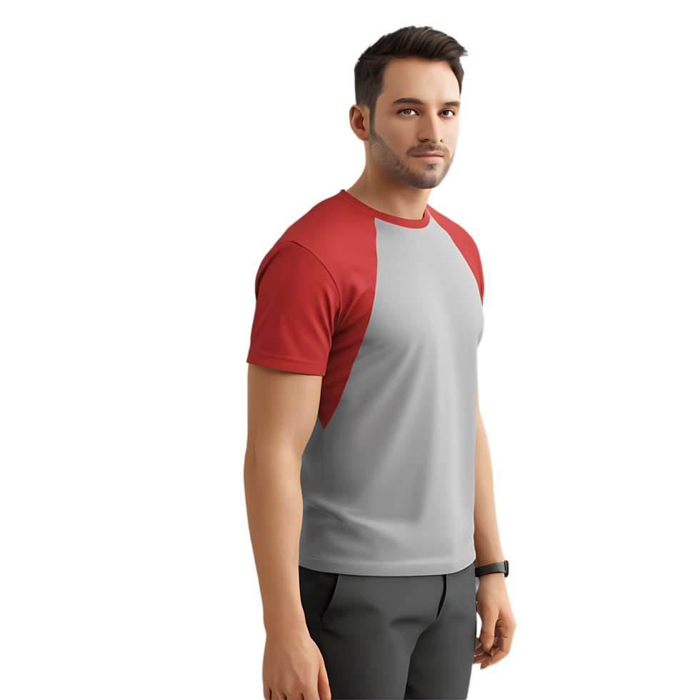 Male model, athletic build, casual attire, red and gray raglan t-shirt, dark pants, short dark hair, slight beard png