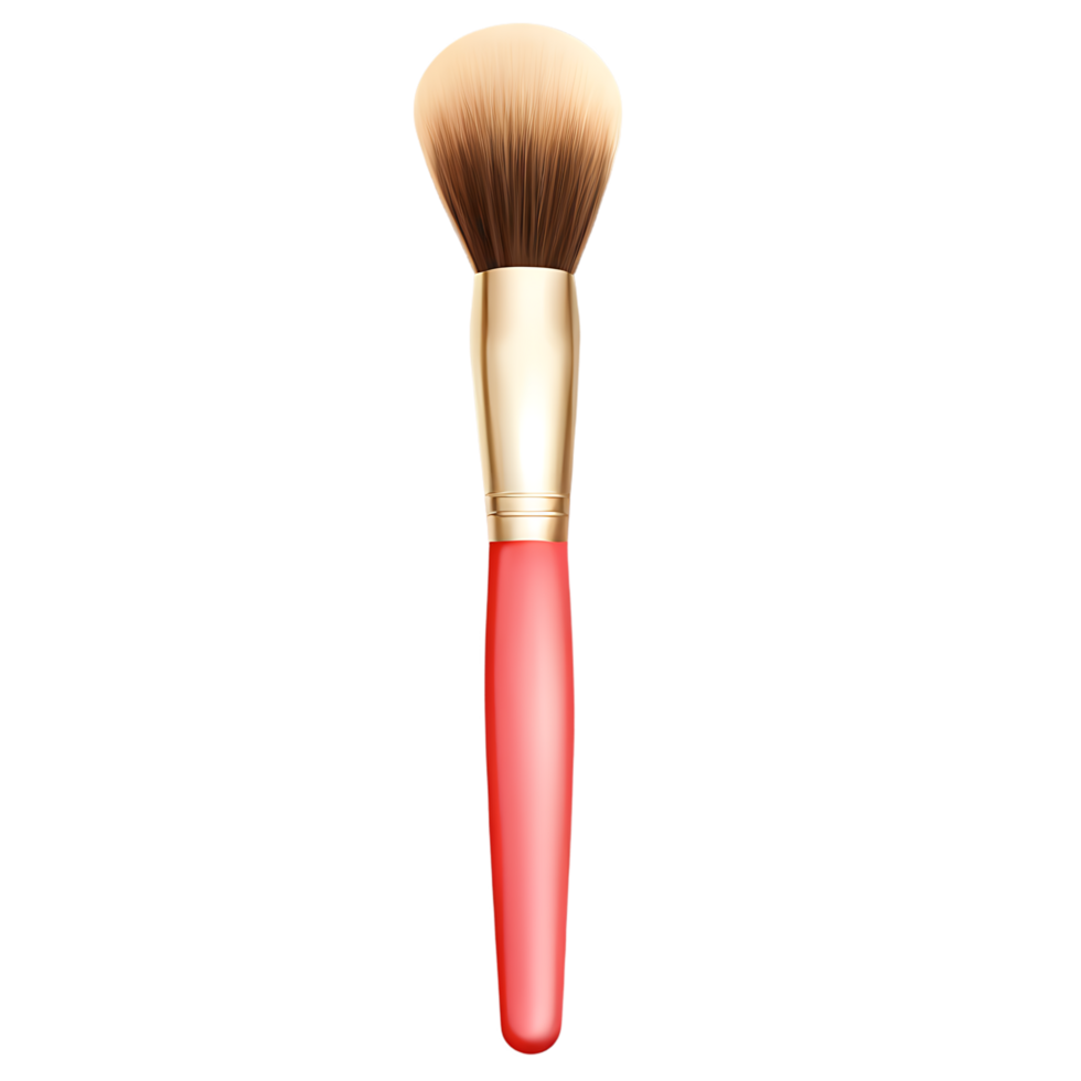 Makeup brush, cosmetic tool, soft bristles, golden ferrule, coral pink handle, beauty accessory png
