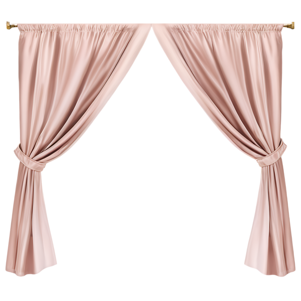 Elegant pink curtains, soft draping fabric, gold curtain rod, symmetrical window treatment png