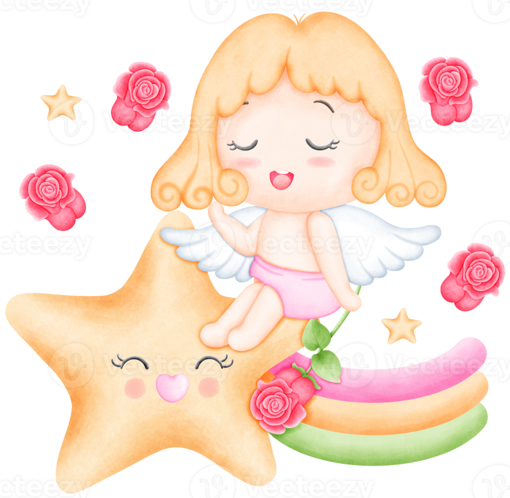 Cute Watercolor Valentine Cupid in a pink trousers holding a rose is sitting on star. Hand Drawn Romantic Illustration for Cards and Gifts png