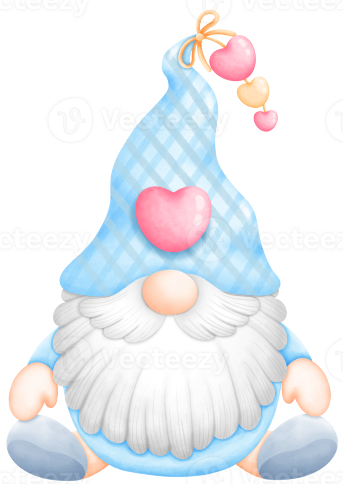 Cute Watercolor Valentine Braided Gnome in blue pantsuit with blue hat in sitting Illustration. Perfect for Cards, Gifts, and Decor png