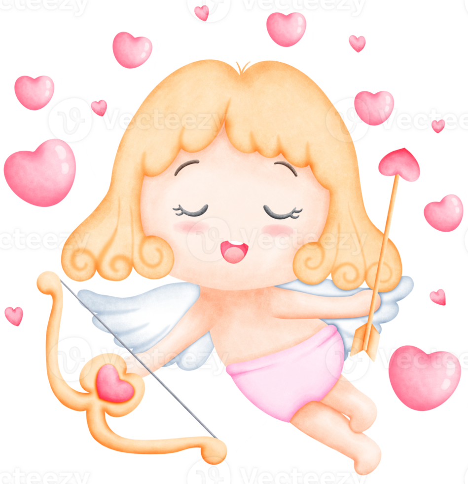 Cute Watercolor Valentine Cupid in a pink trousers holding arrow. Hand Drawn Romantic Illustration for Cards and Gifts png