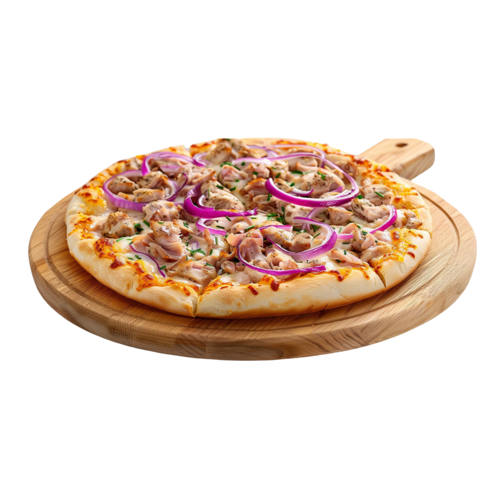 Fresh Pizza with Meat and Onions on Wooden Surface png