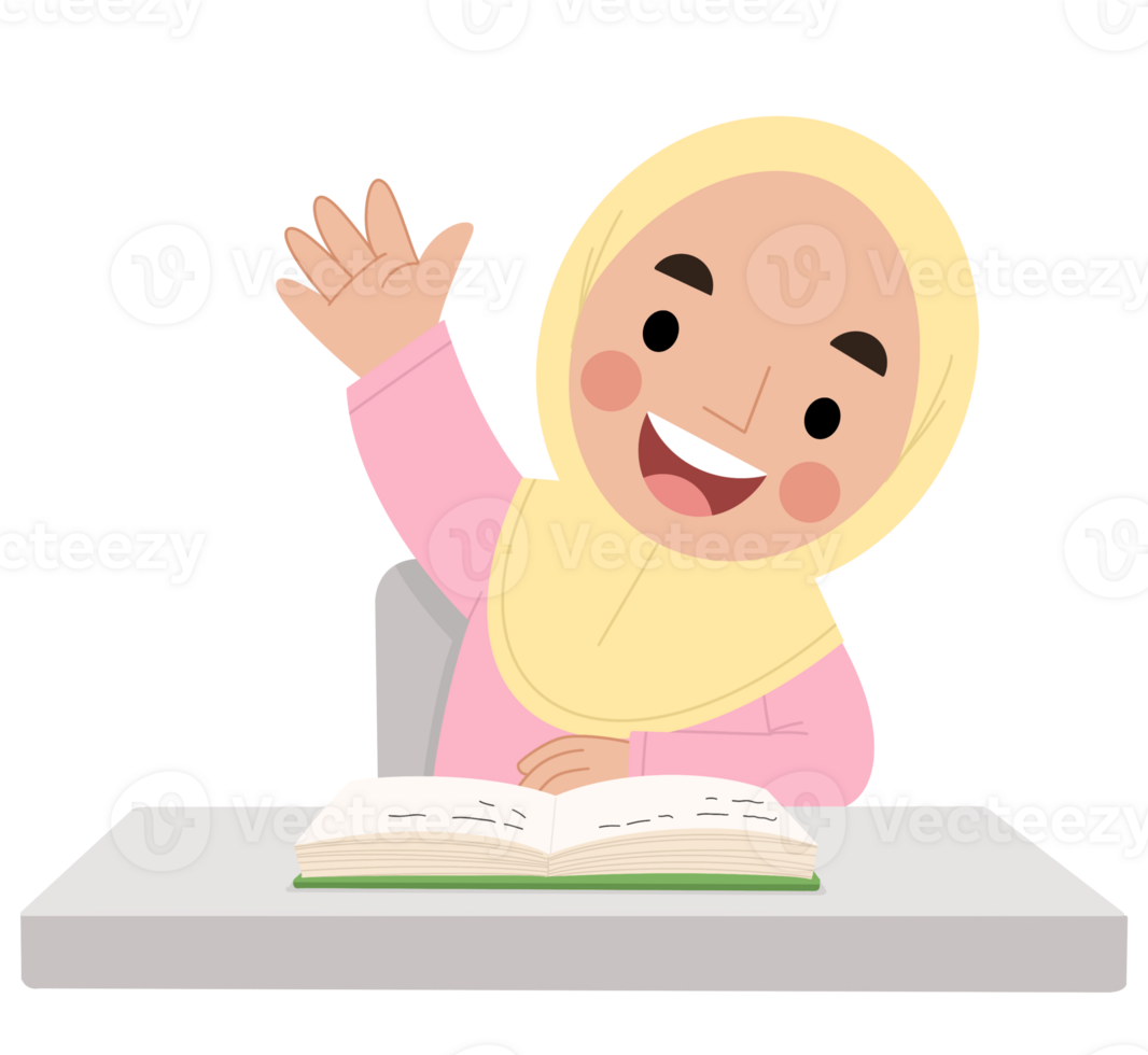 Illustration of a hijab girl studying in class png