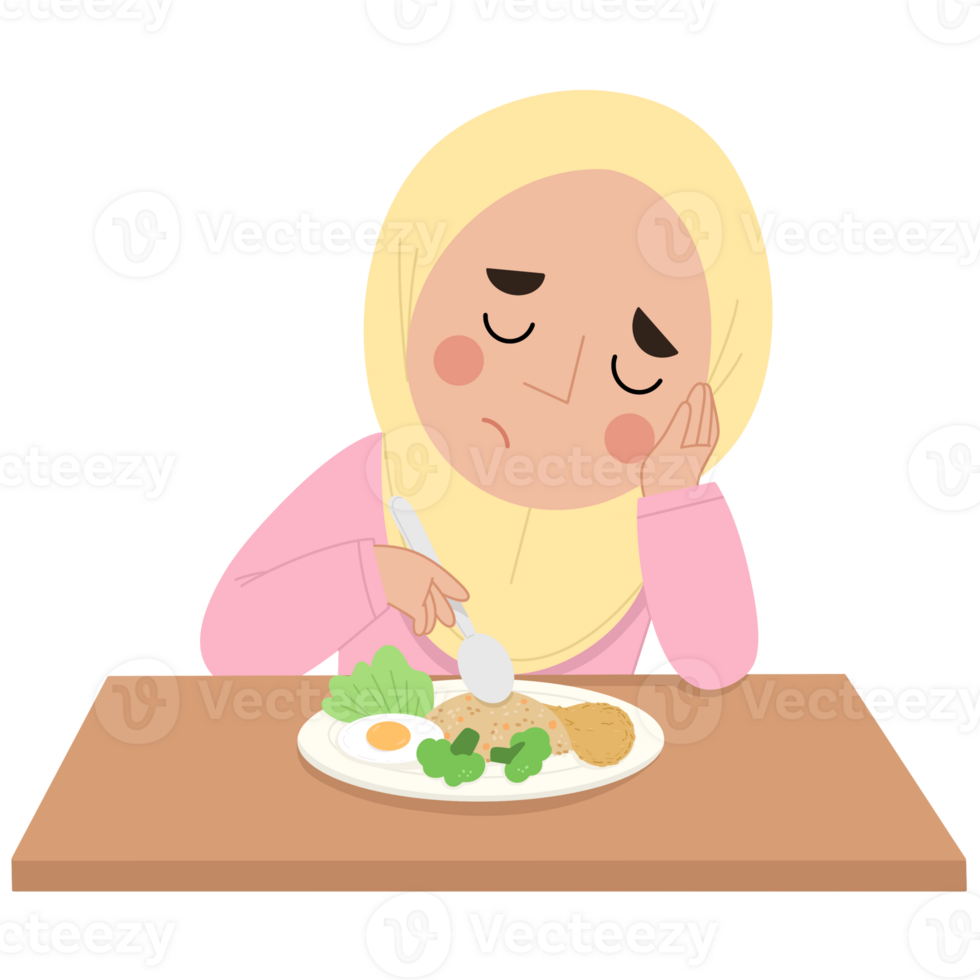 Illustration of a hijab girl with no appetite png