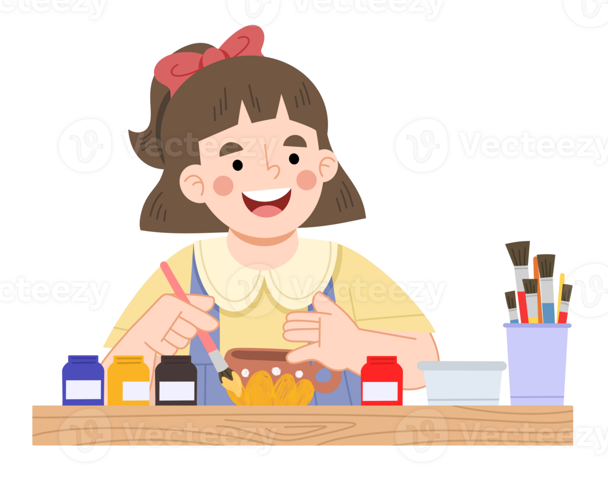 Illustration of a girl enjoying making crafts at a table png