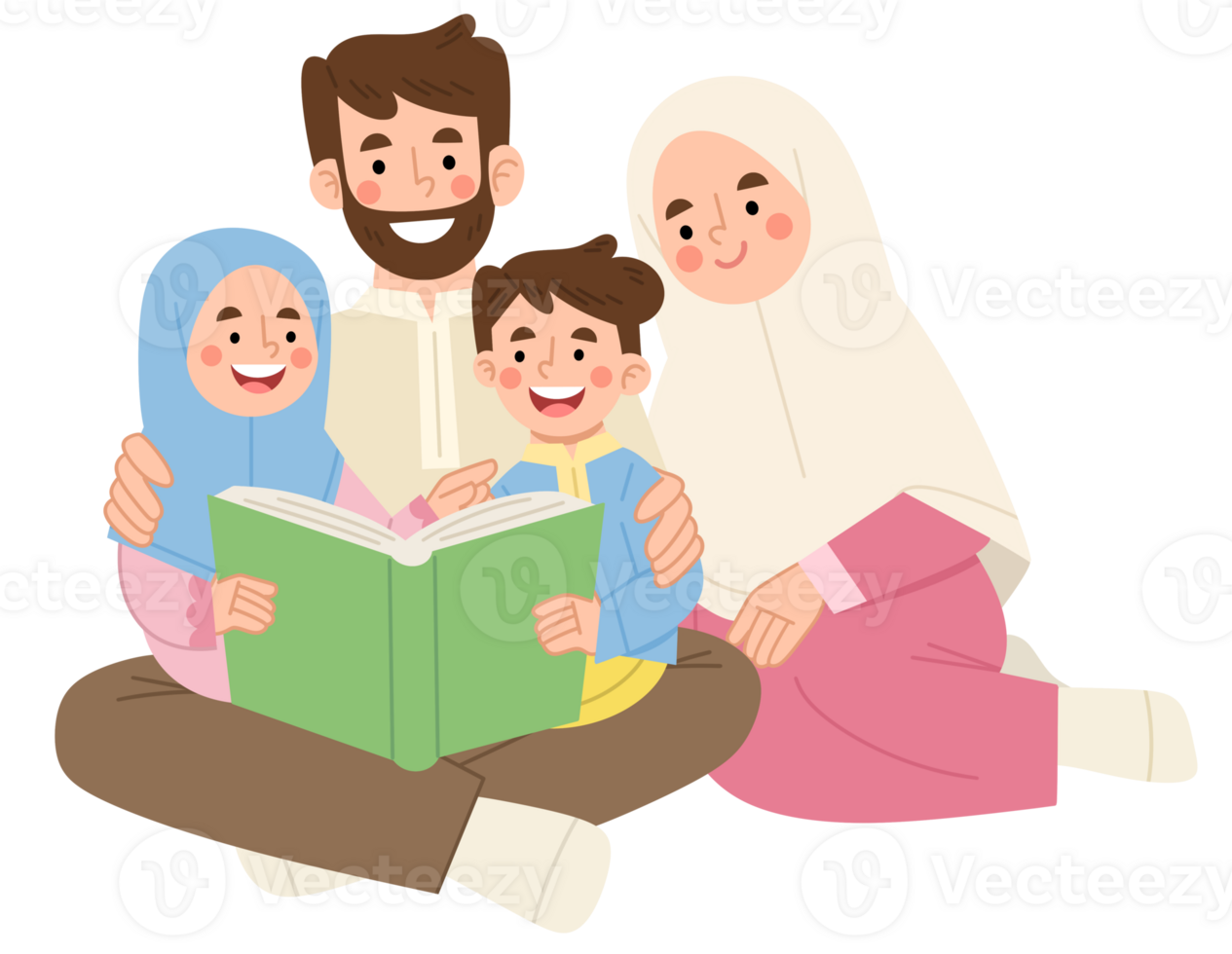 Illustration of a Muslim family reading a book together png