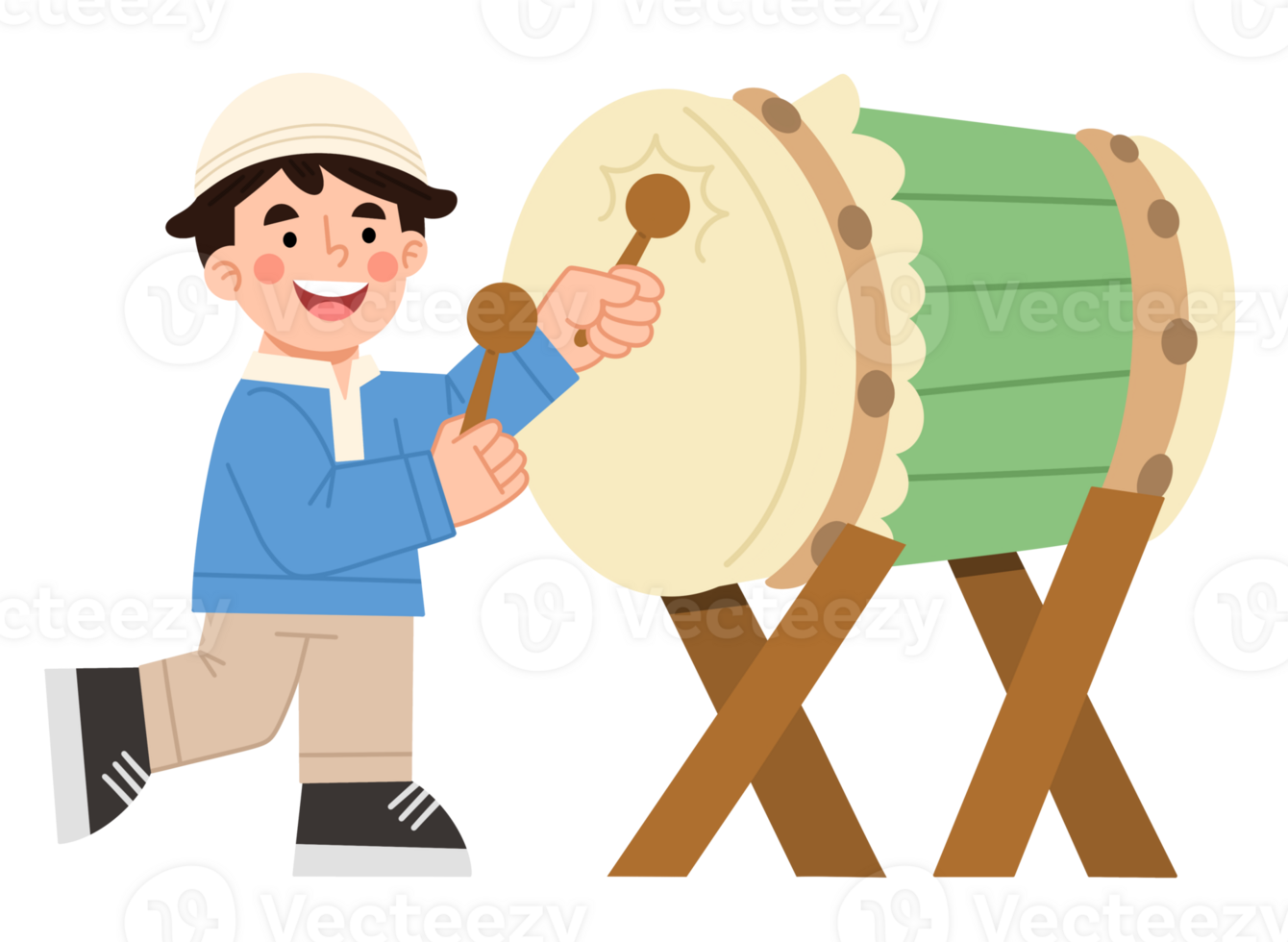Illustration of a Muslim boy beating a drum png