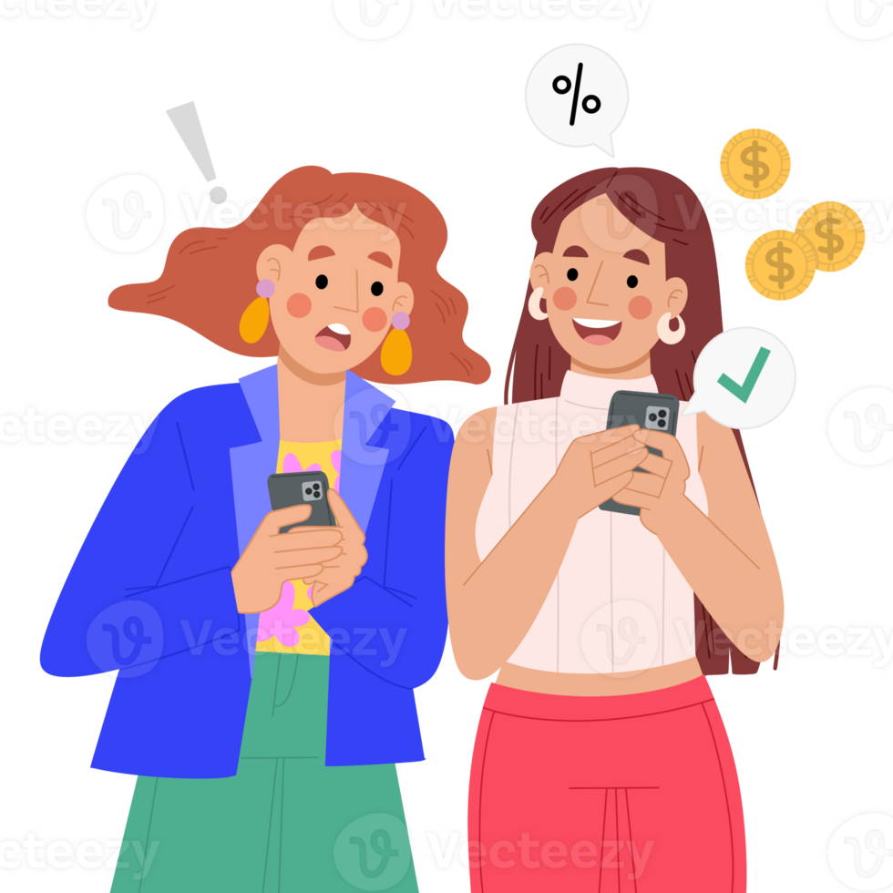 Illustration of woman with smart phone looking for discount png