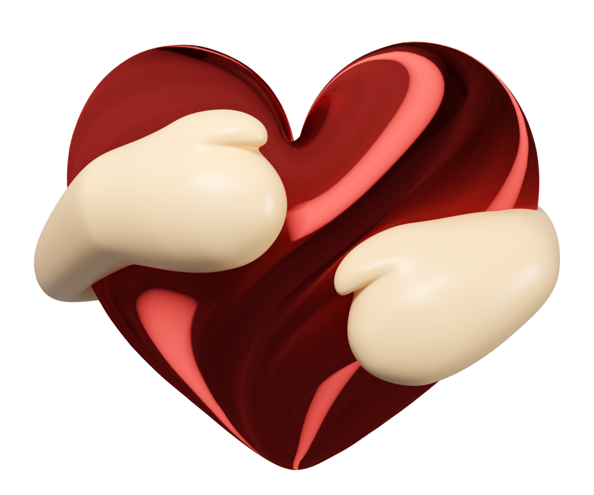 3d hands hugging heart isolated. Happy valentine's day, health love or world heart day concept, 3d illustration render png