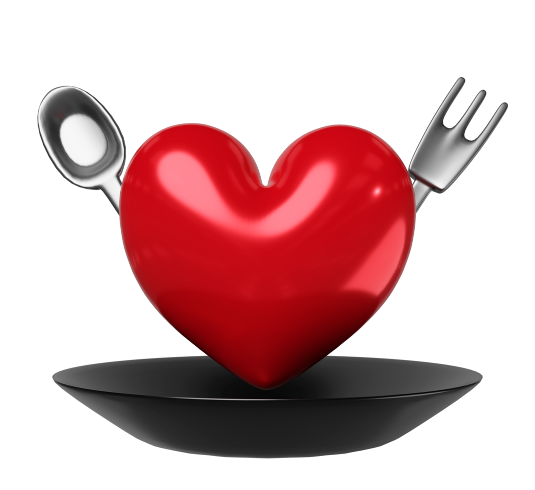 red heart in black plate with spoon, fork isolated. happy valentine's day concept, 3d illustration render png