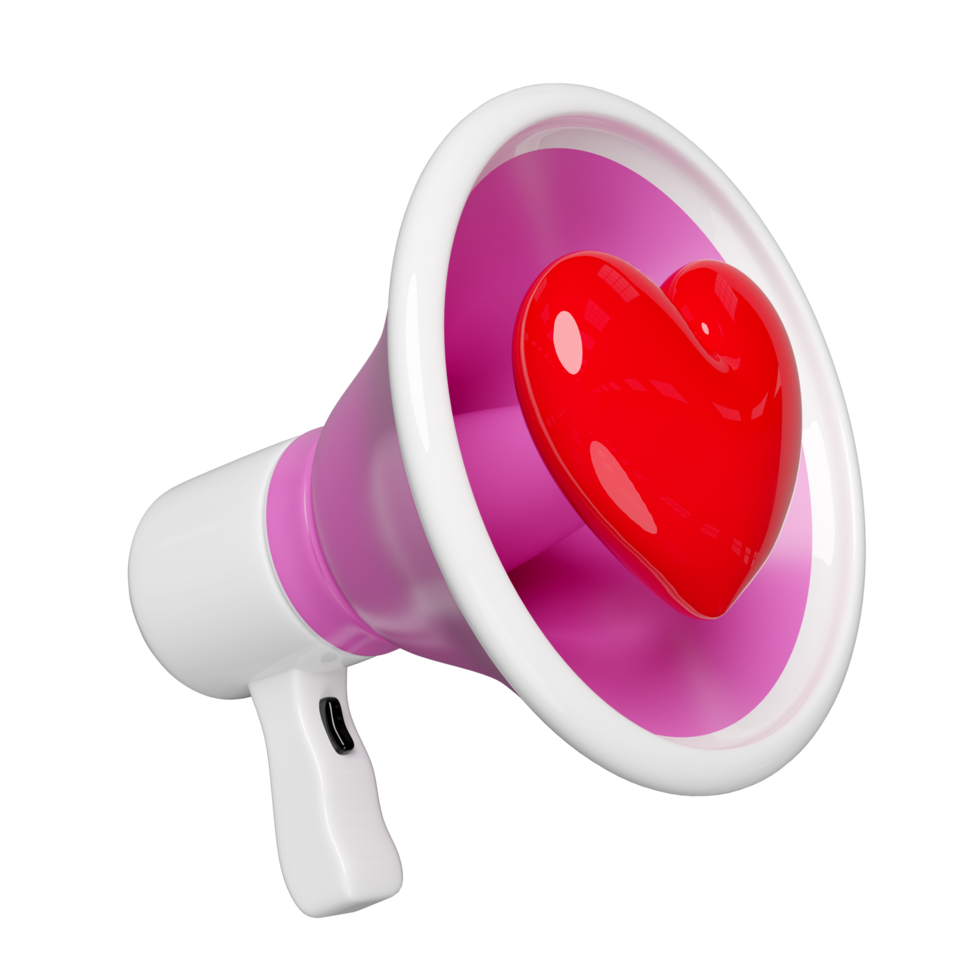 3d megaphone speaker with pink heart isolated. happy valentine's day concept, 3d illustration render png