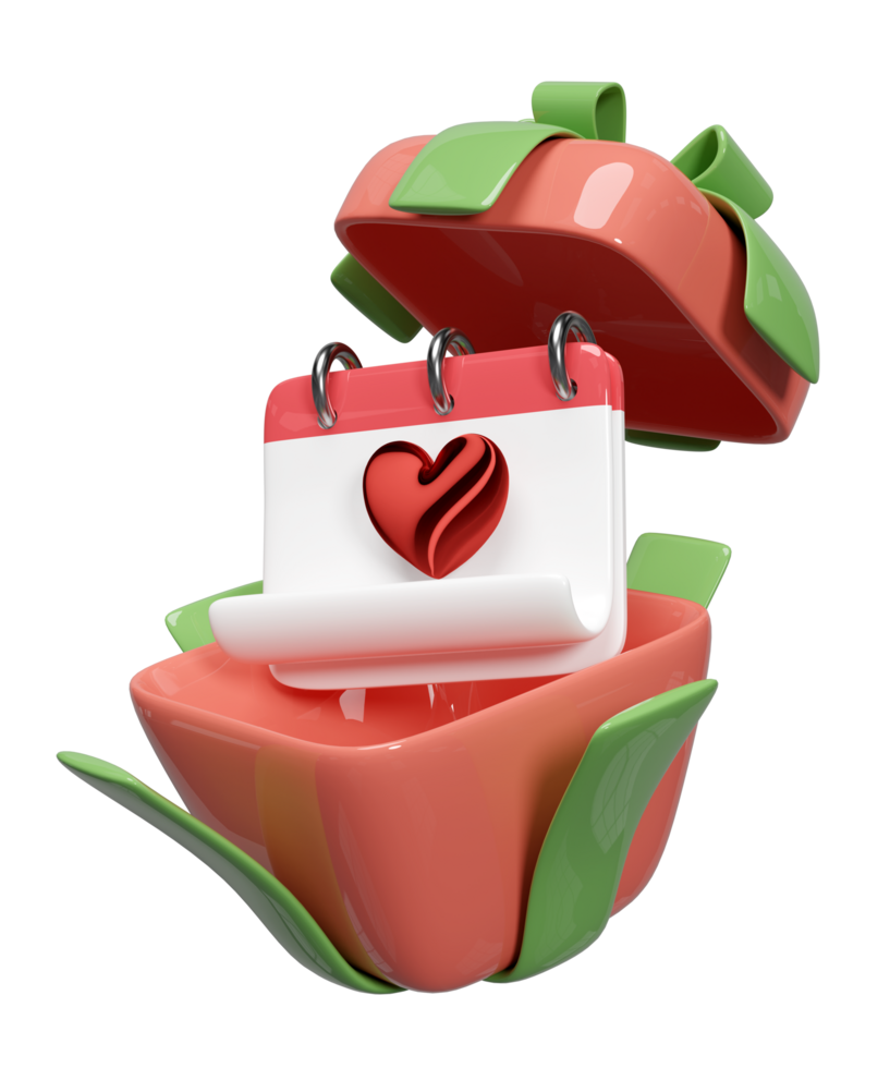 3d calendar with hands hugging heart, open gift box isolated. Happy valentine's day, health love or world heart day concept, 3d illustration render png