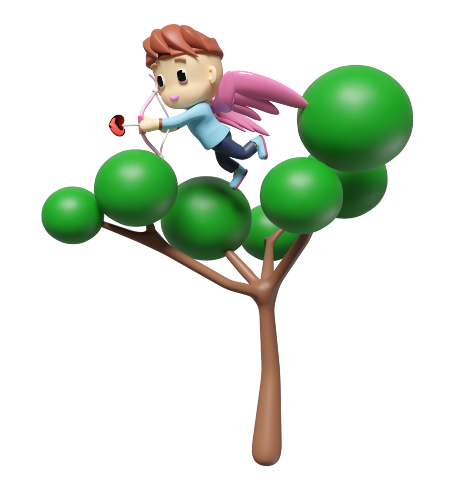 3d cupid flying in tree with bow, arrows isolated. Happy valentine's day concept, 3d illustration render png