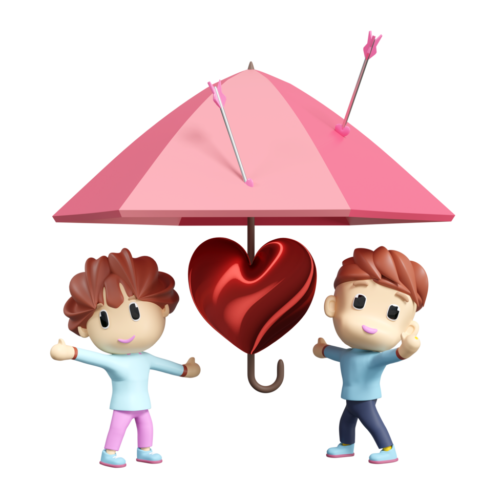 3d boy and girl with valentine red heart protect arrow, umbrella isolated. Happy valentine's day concept, 3d illustration render png