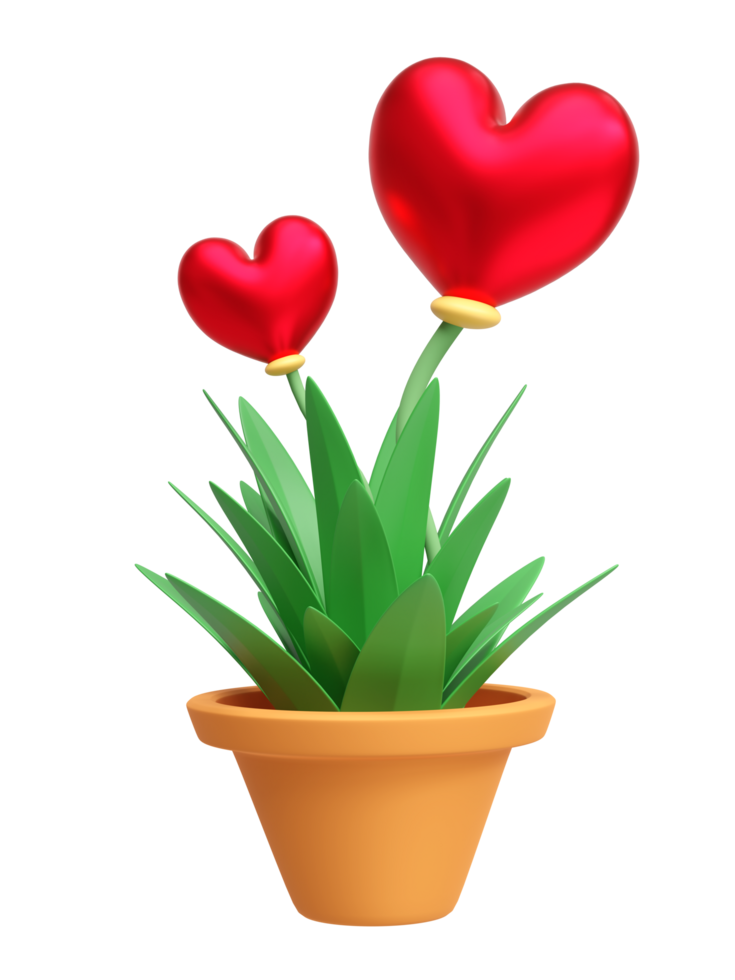 3d heart shape flower in pot isolated. happy valentine's day concept, 3d illustration render png