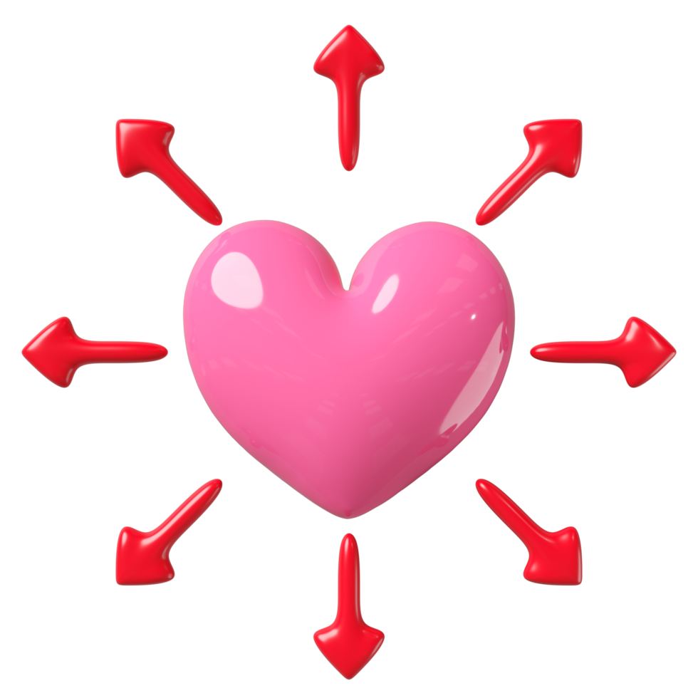 pink heart with arrows all around isolated. happy valentine's day concept, 3d illustration render png