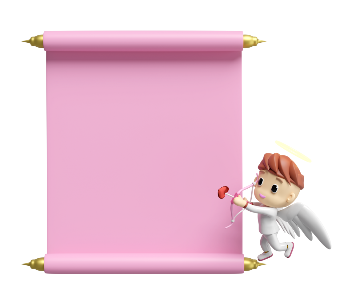 3d announcement roll banner with cupid cartoon isolated. happy valentine's day concept, 3d illustration render png