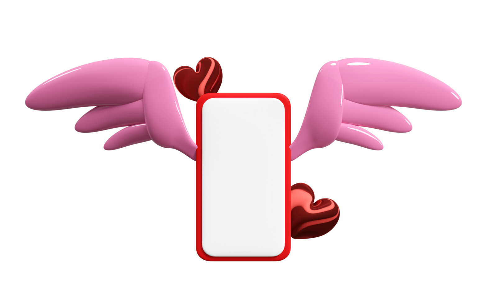 3d winged mobile phone with red heart isolated. Happy valentine's day concept, 3d illustration render png