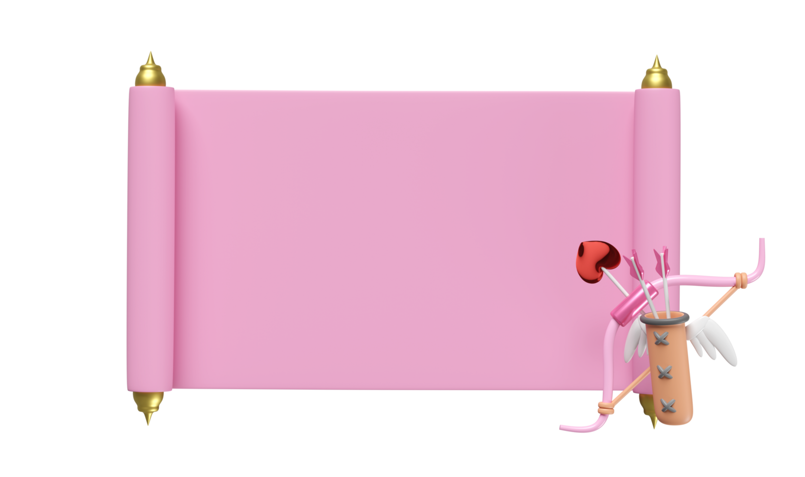 3d announcement roll banner with bow, quiver, arrows, heart isolated. happy valentine's day concept, 3d illustration render png