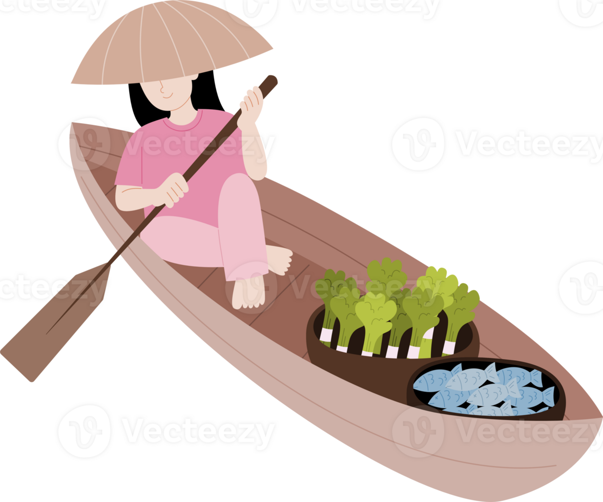 woman sell fish and vegetable on a boat png