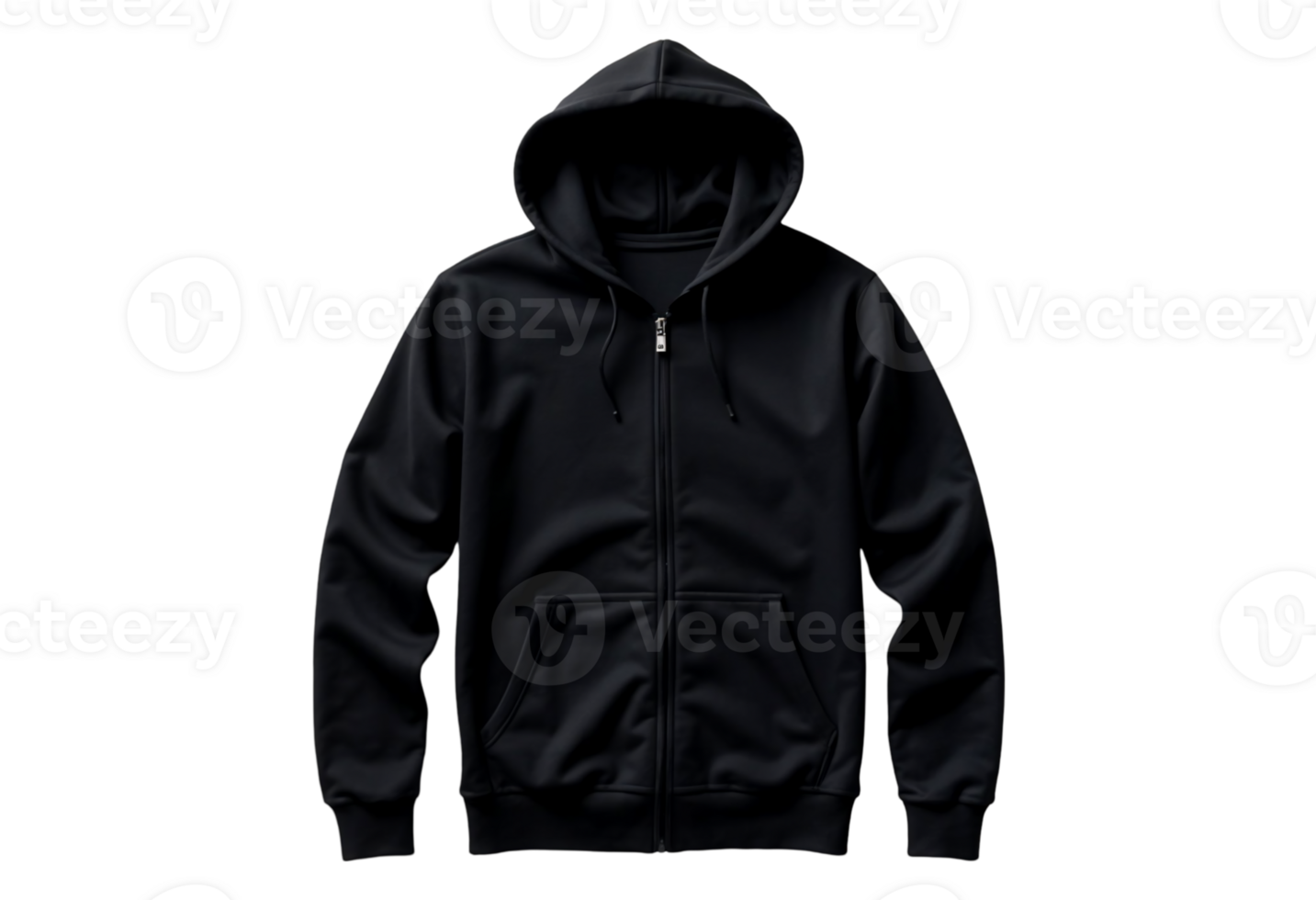 Black Zippered Hoodie Sweatshirt on Transparent Background, Plain Black Hoodie Front png