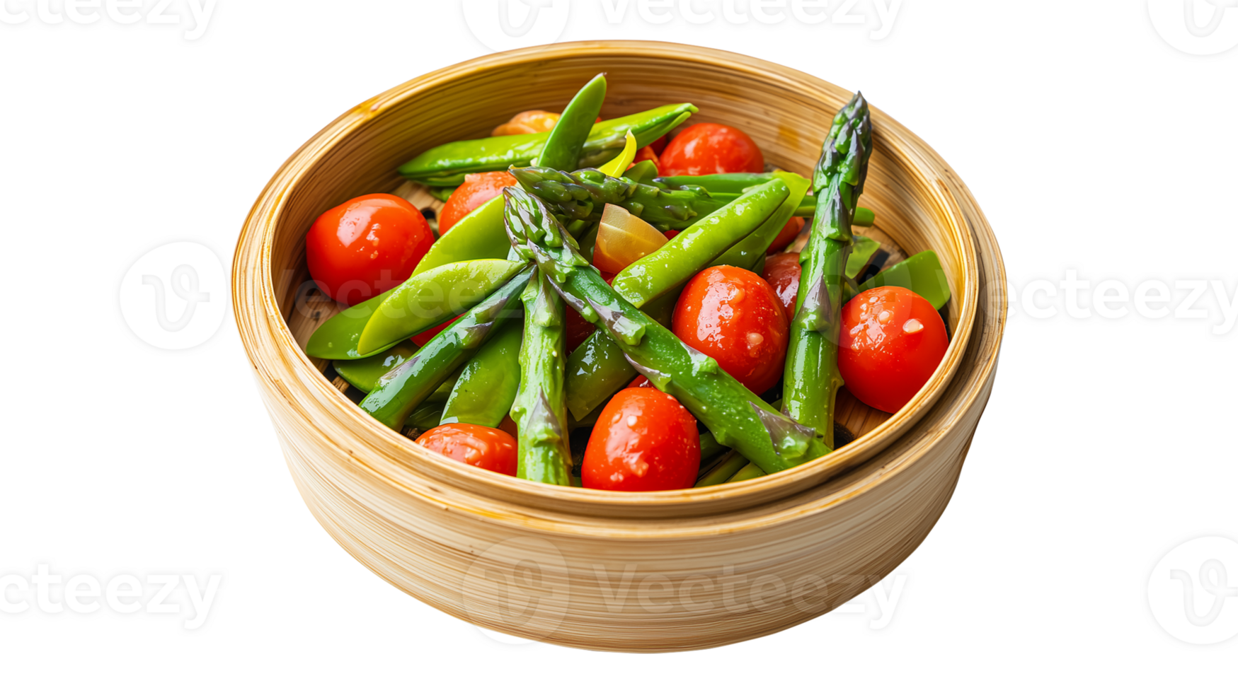 Steamed vegetables in a bamboo container for healthy eating png