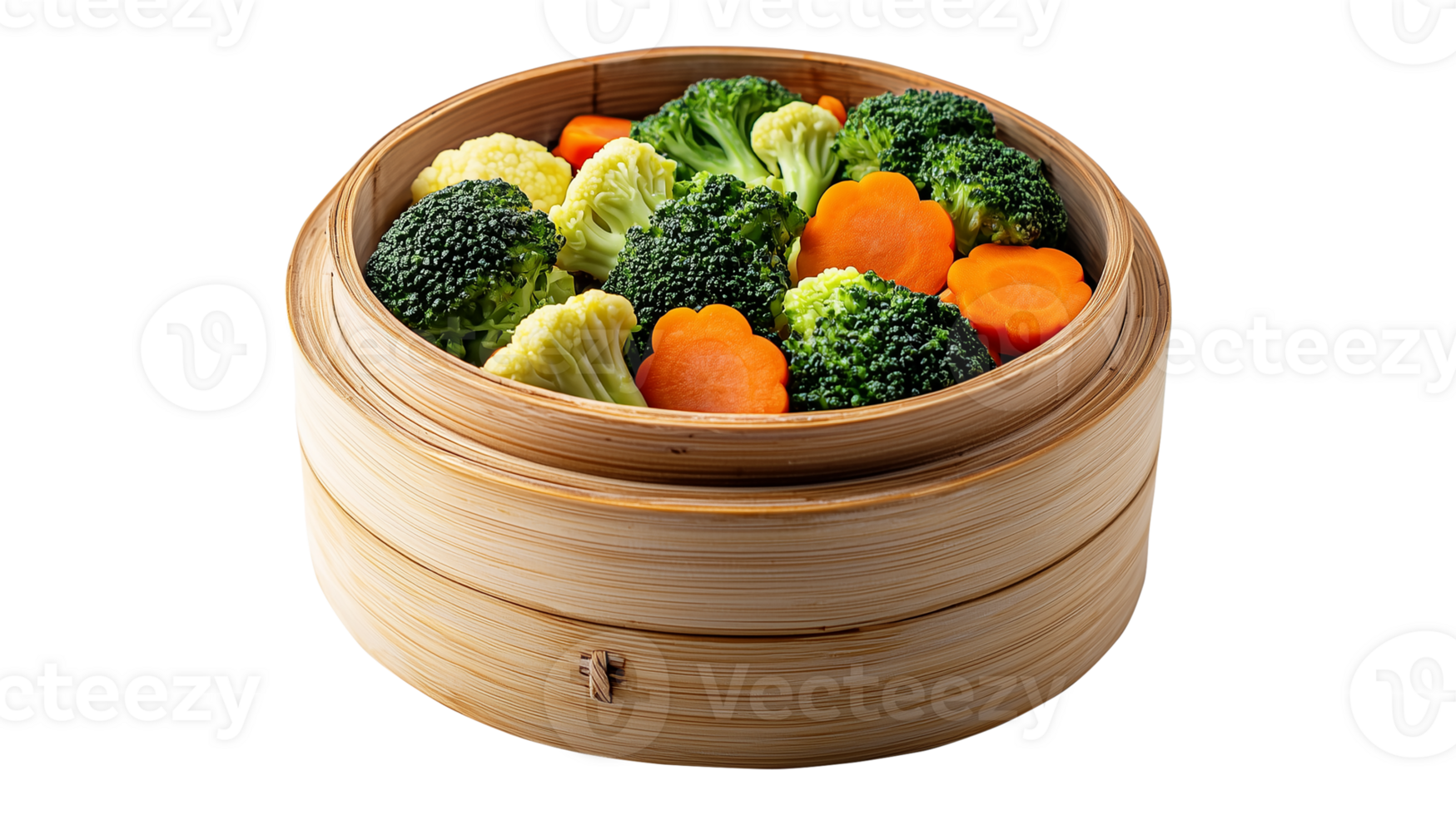Appetizing vegetables in a natural bamboo steamer png