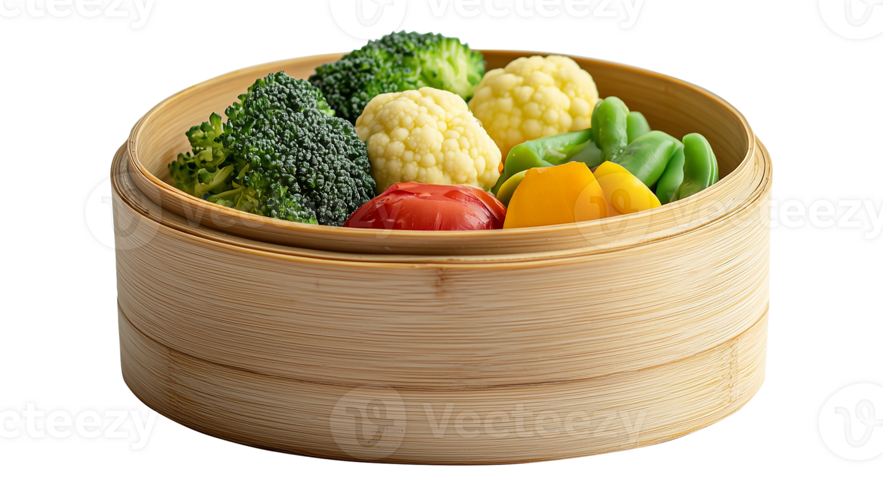 Bamboo steamer filled with vibrant steamed vegetables png