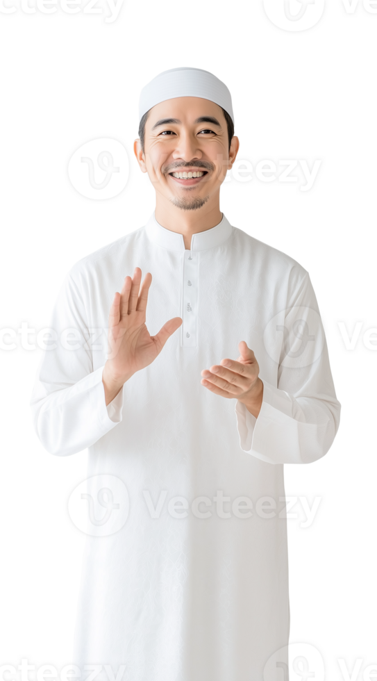 Smiling Muslim man making an inviting gesture in a clean portrait png