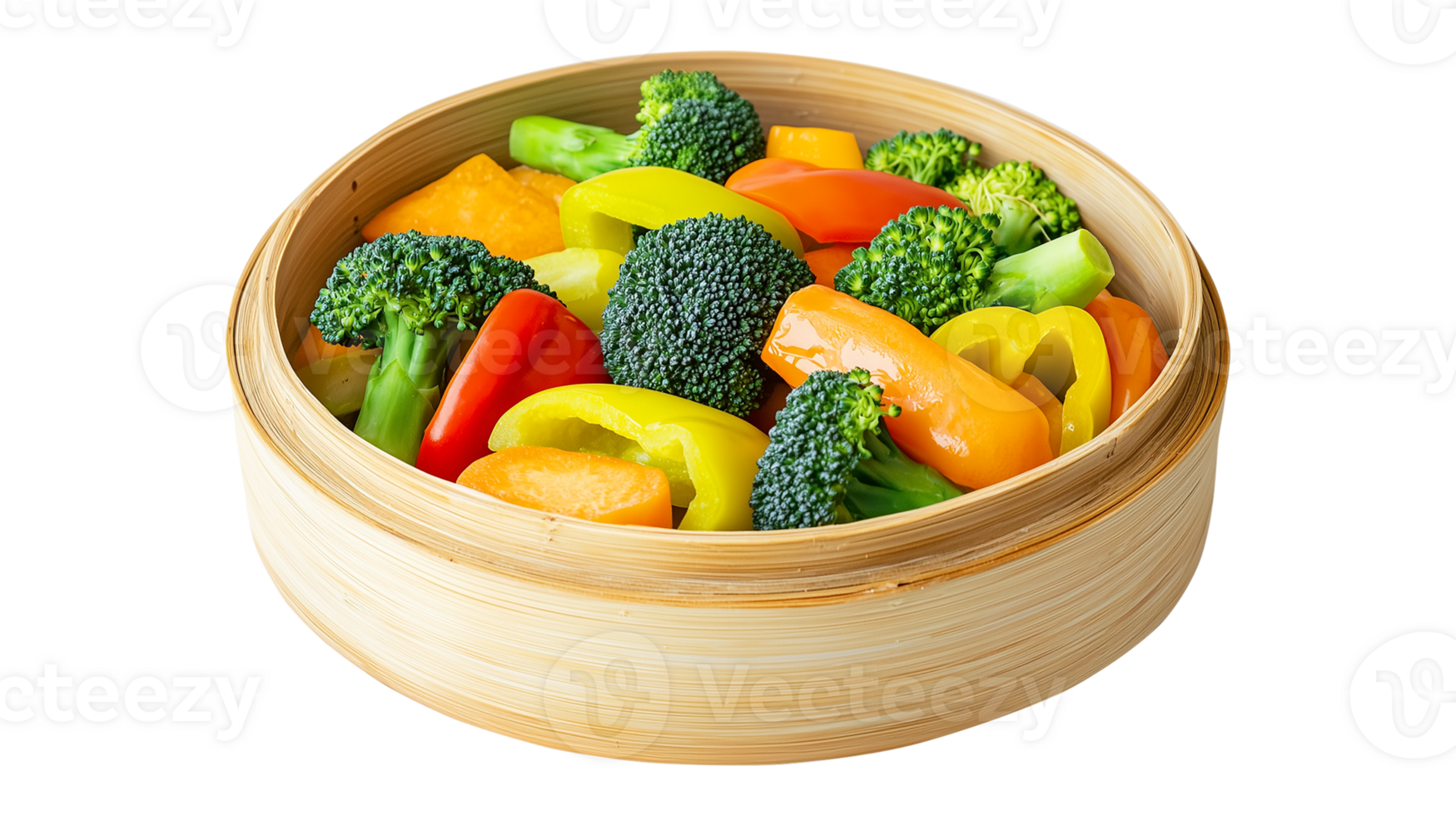 Healthy vegetables in a bamboo steamer on transparent background png