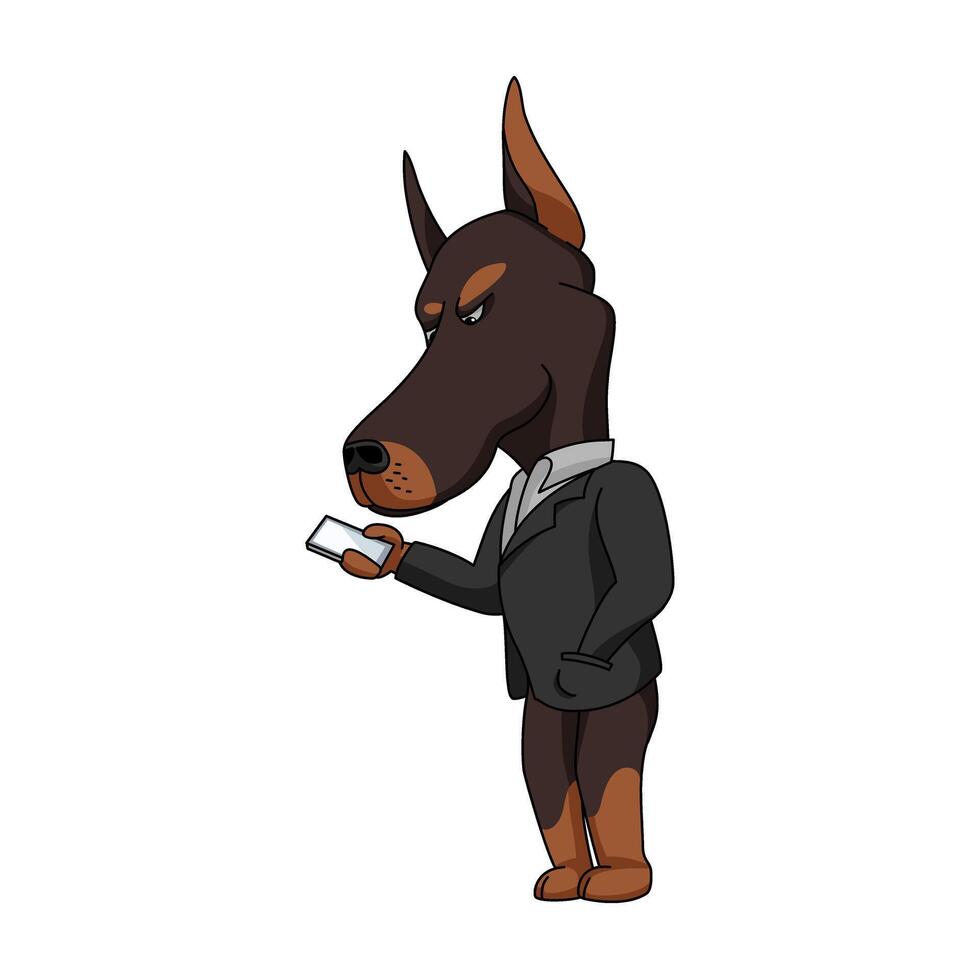Dog Doberman holding phone cartoon illustration vector