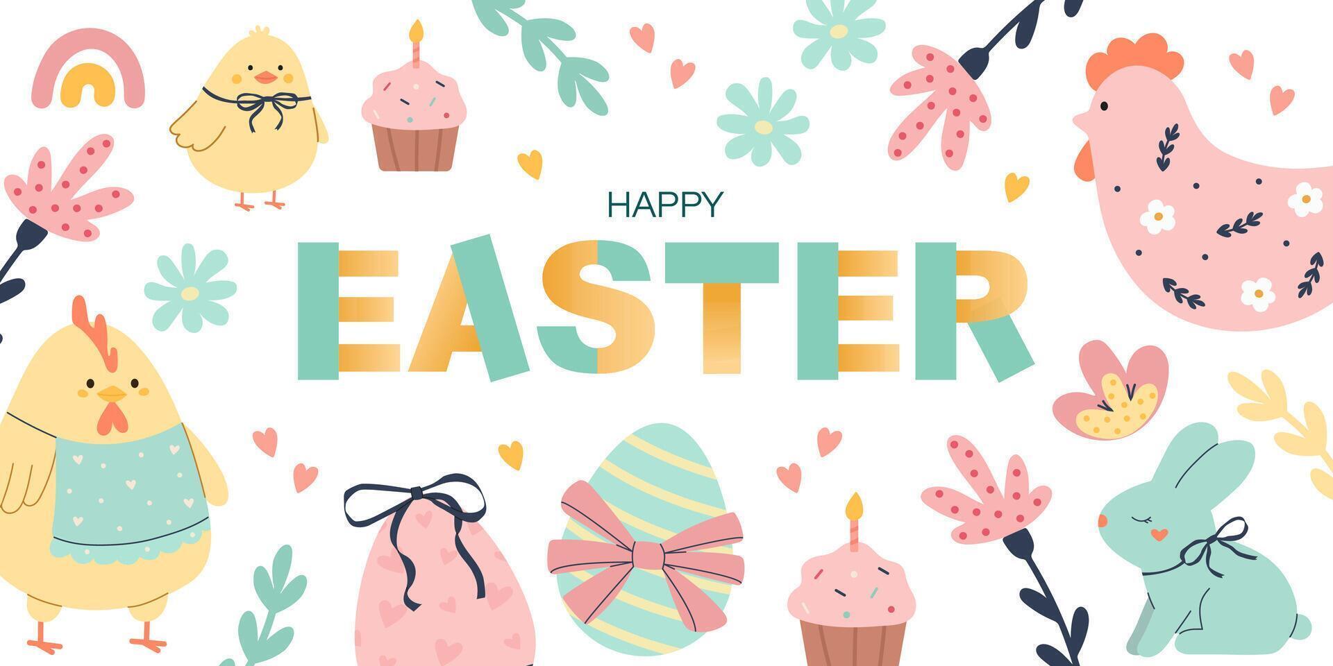 Cute Happy Easter horizontal banner vector