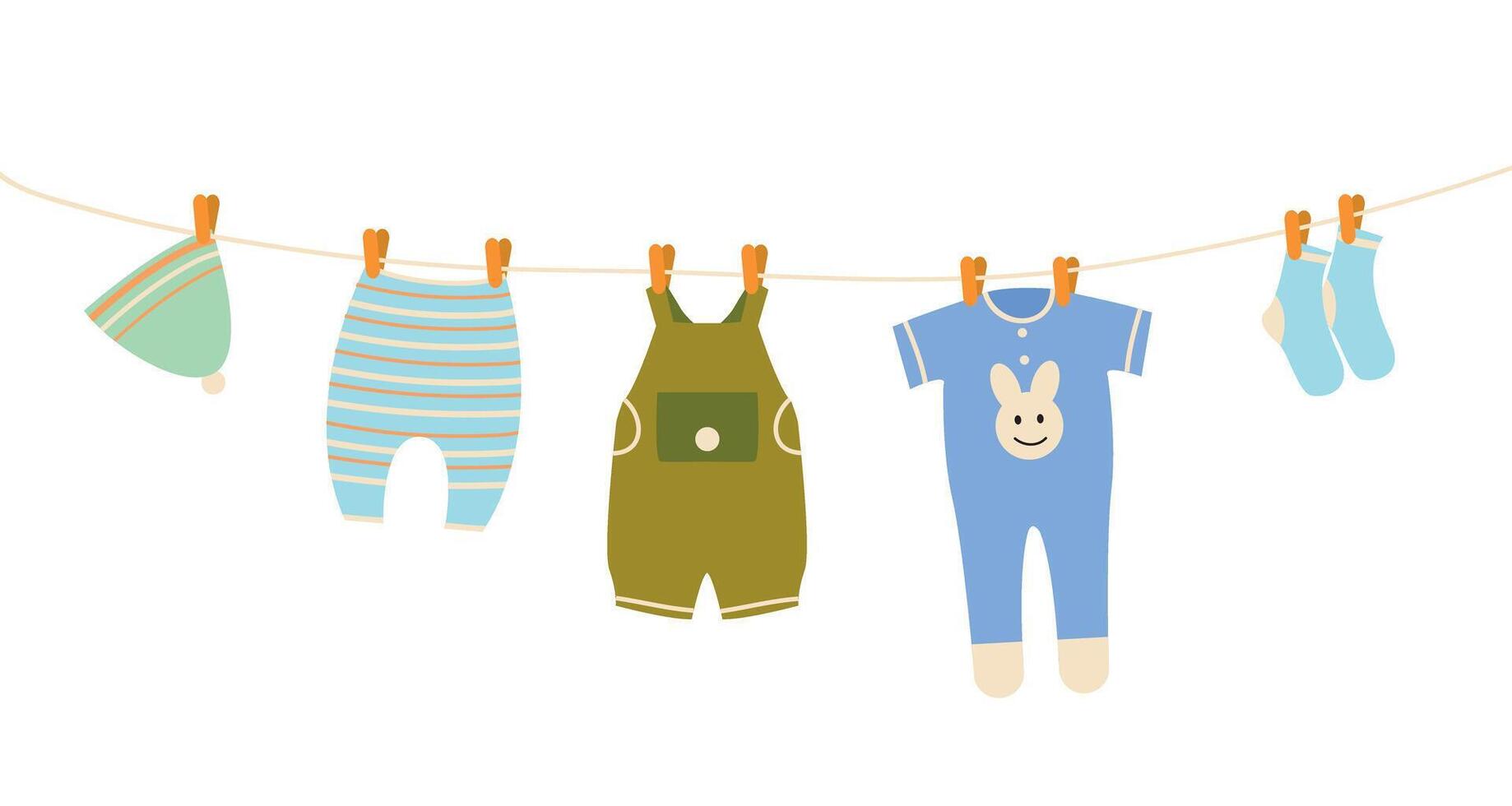 Children's clothes are dried on a rope. Clothing for babies. Body, overalls, for girls. Clothes icons set in flat style isolated on white background. isolated objects. vector