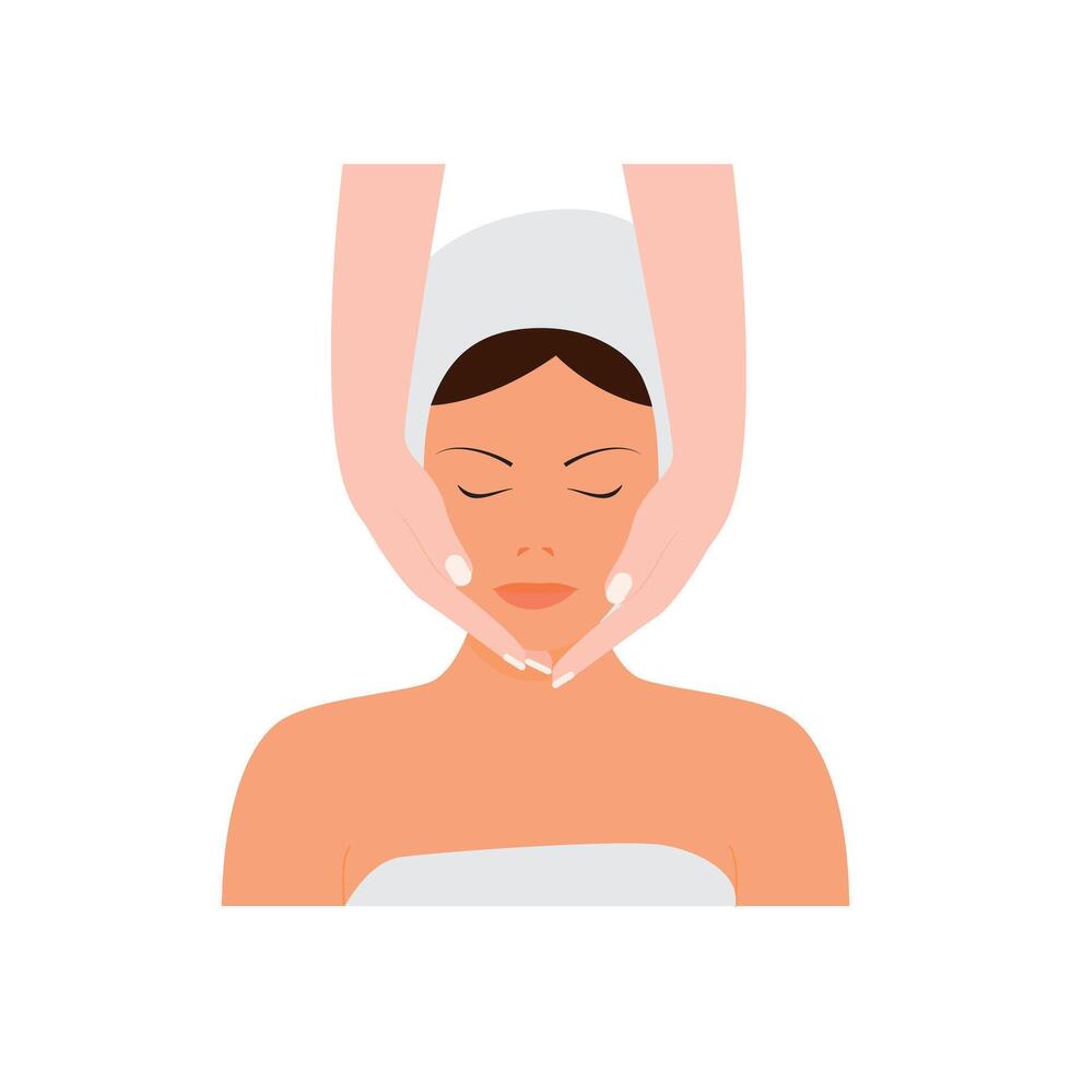 Woman face in spa procedure, face massage. Beauty salon, wellness center poster, banner. Hand drawn beauty concept. vector