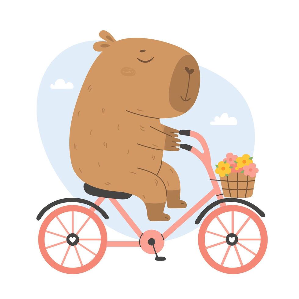 Funny capybara is riding a pink bicycle vector