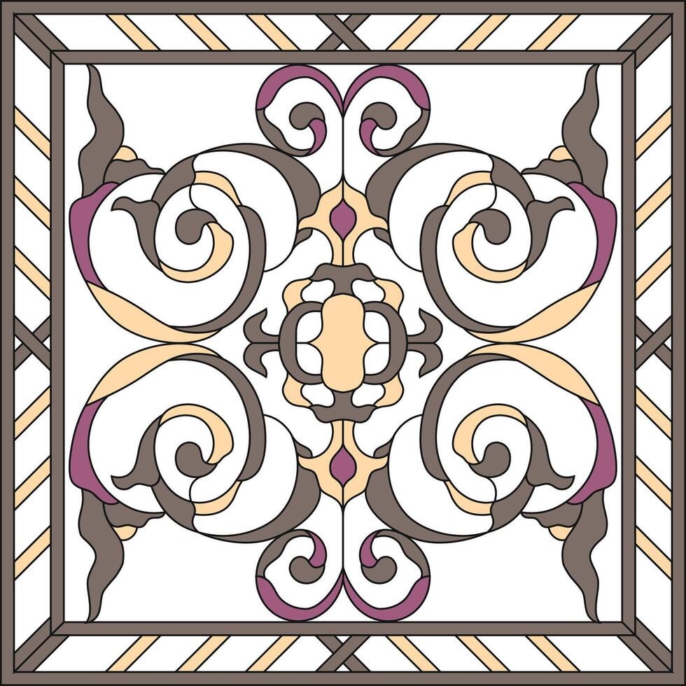 Ceiling panels stained glass window. Abstract Flower, swirls and leaves in square frame, geometric ornament, symmetric composition, stained glass tiffany technique, classic style vector