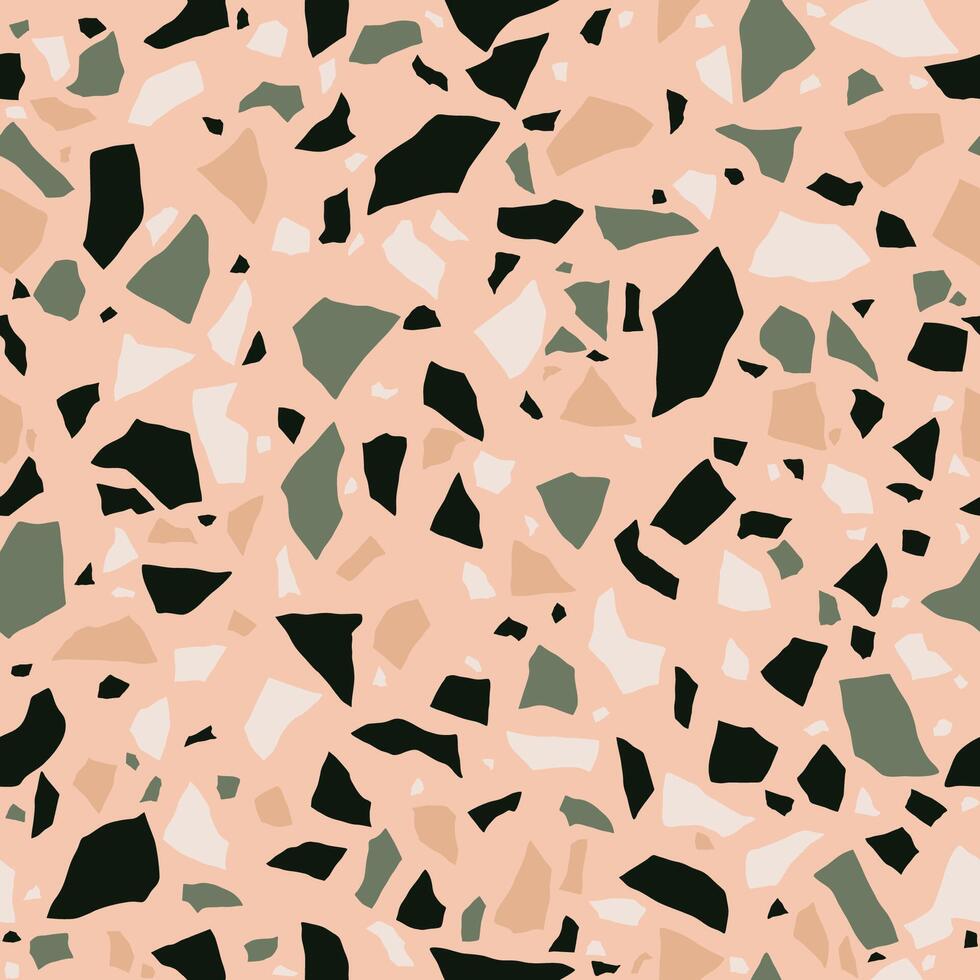 Pink terrazzo seamless pattern. Colored stones. Abstract white background with chaotic polished pebble. Marble texture in pastel colors vector