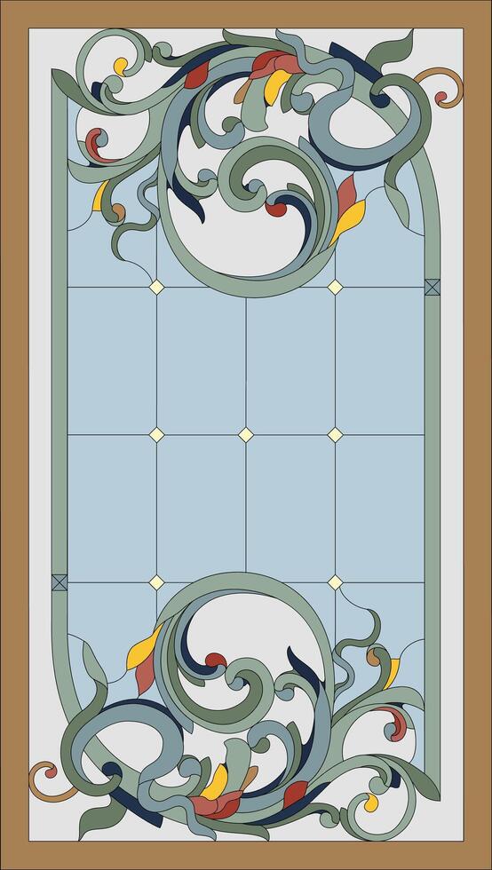 Stained glass panel in a rectangular frame. Classic window, abstract floral arrangement of buds and leaves vector