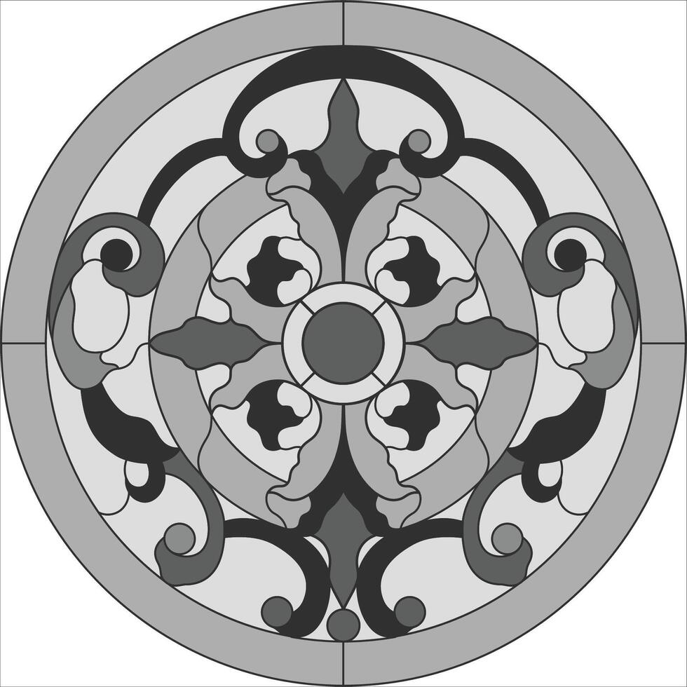 Ceiling round panels, stained glass window. Abstract Flower, swirls and leaves in circle frame, geometric ornament, symmetric composition, tiffany technique, classic style vector