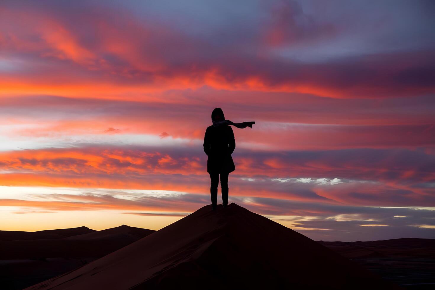 Full length rear view of person standing on sand against pink sky photo